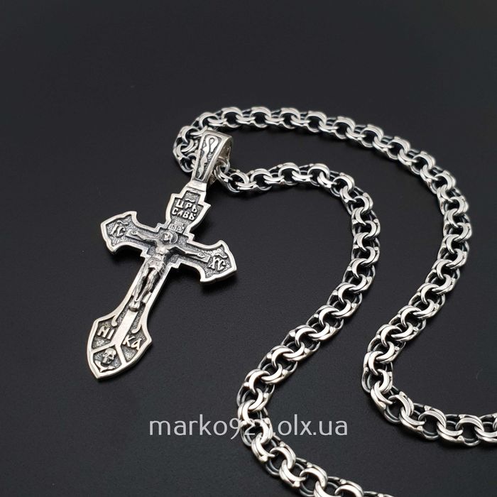 Чоловіча срібна цепочка ланцюжок Бісмарк з хрестиком кулоном 925 проба