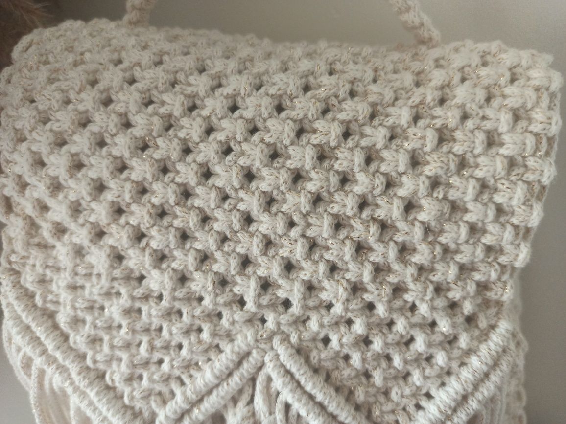 Plecak boho  biało złoty handmade rękodzieło makrama