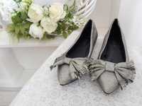 Baleriny błyszczące wesele srebrne lśniące buty balerinki do sukienki