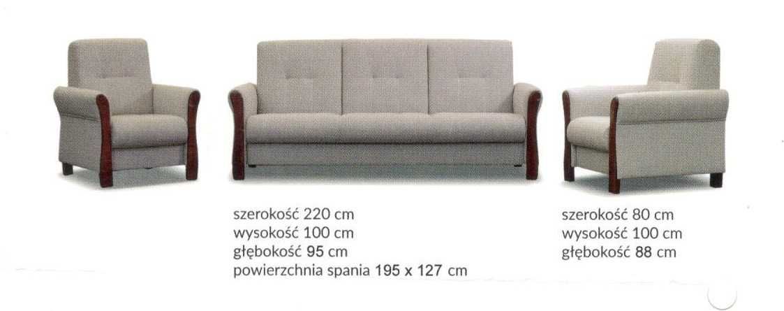 Komplet wypoczynkowy Eliza -wersalka,2 fotele, beż, drewniane dodatki