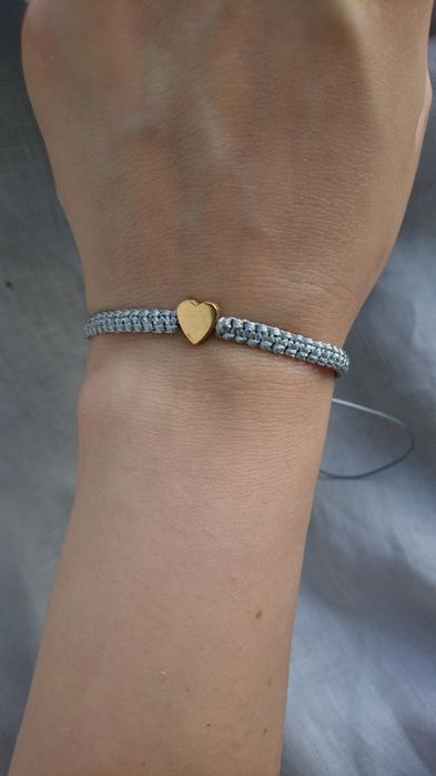 Bransoletka sznurkowa szara pleciona makrama Hematyt serce złote