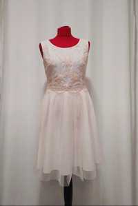 Biała Różowa sukienka z koronkami Kwiaty rozm 40 L Wizytowa Koktajlowa