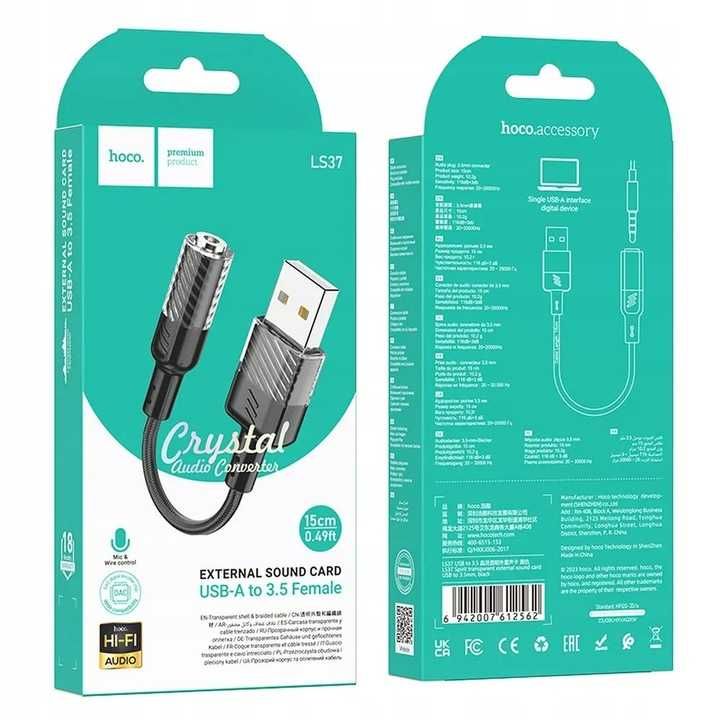 HOCO adapter AUX USB A (męski) do Jack 3,5 mm (żeński) LS37 0,15 m