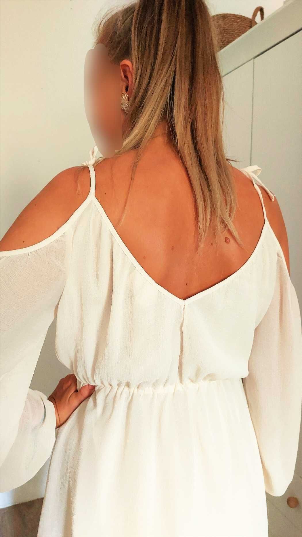 Sukienka mini boho kremowa beżowa H&M r.S 36