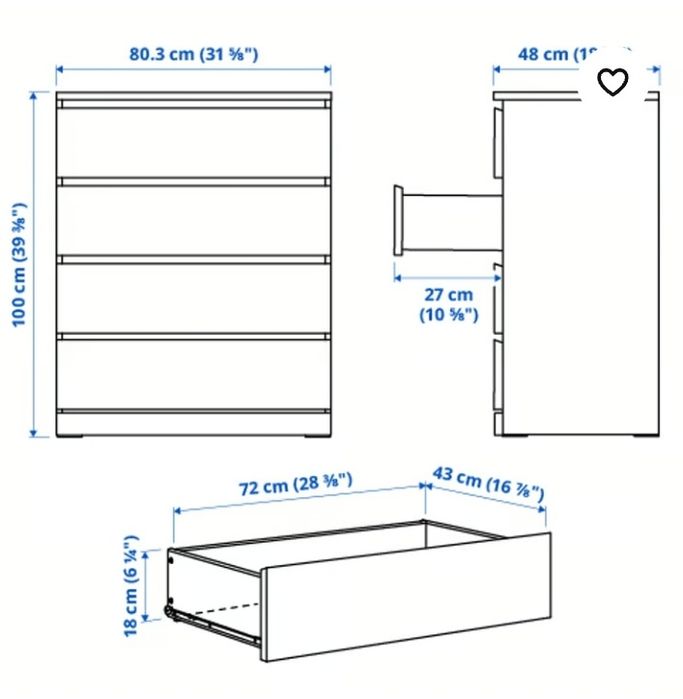 Cómoda c/4 gavetas, branco, 80x100 cm