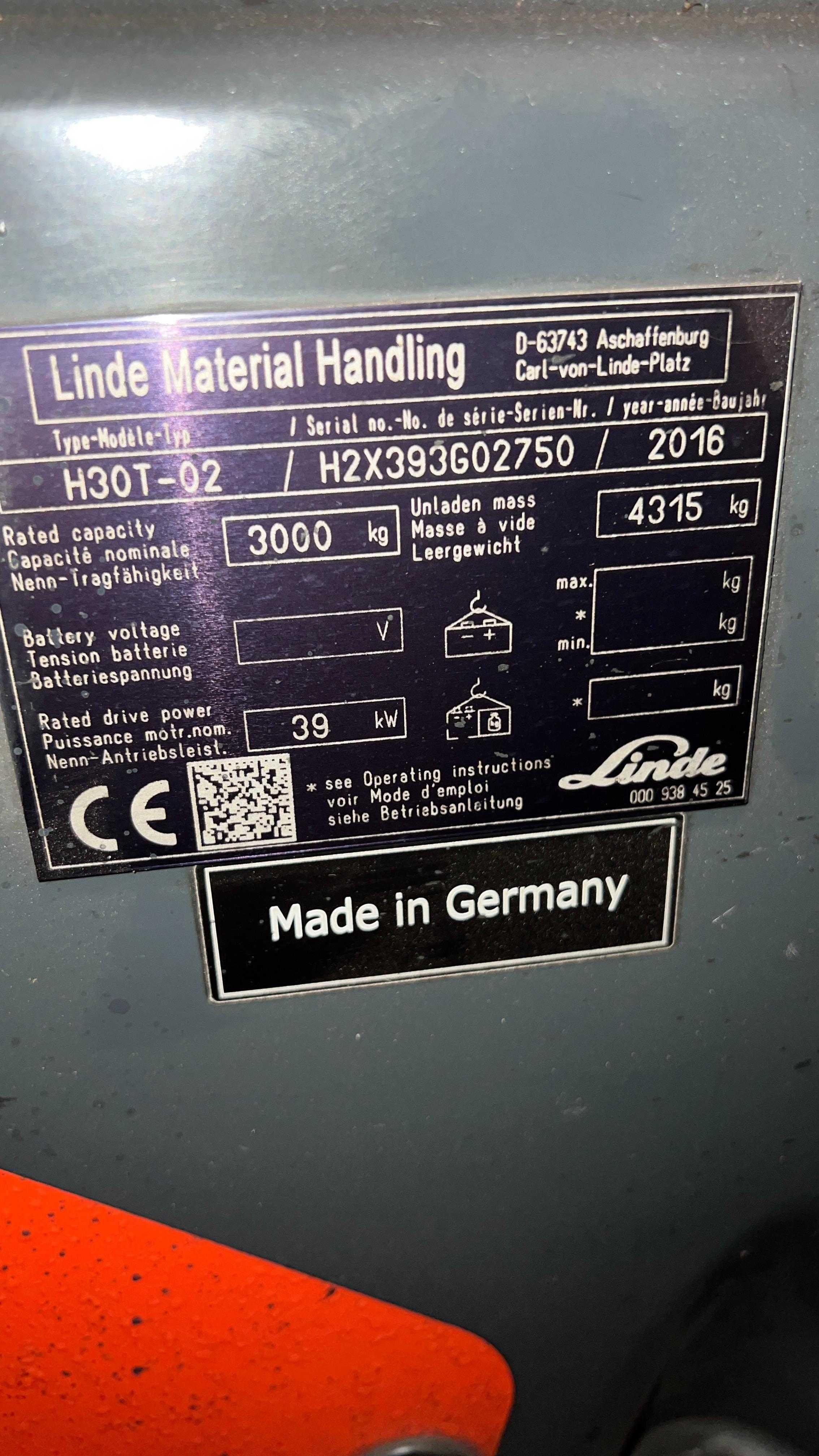 Wózek widłowy LINDE H30T-02, nr H2X393G02750, 2016r, S015032