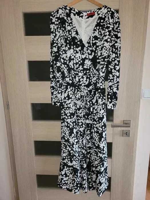 Hugo Boss 40 luksusowa kopertowa sukienka 40 czarno - biała