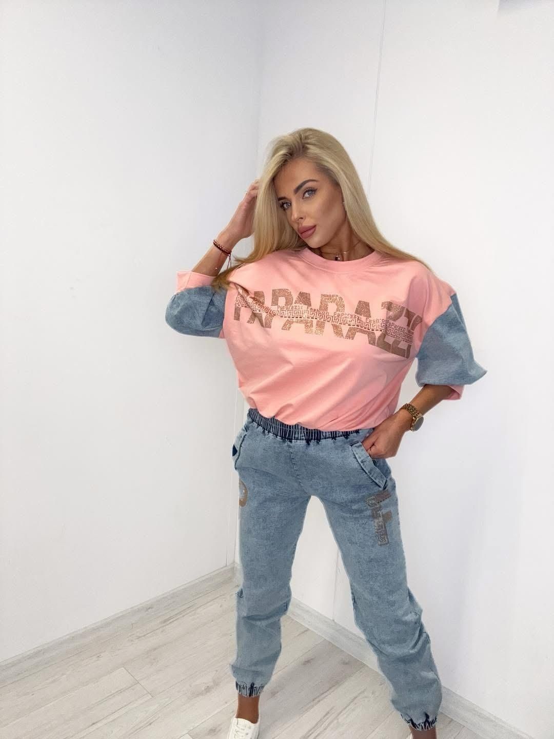 Piękny komplet dres jeans z cyrkoniami logo paparazzi
