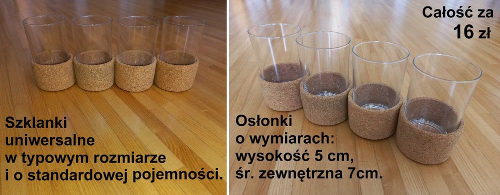 Zestaw korkowe osłonki/uchwyty ze szklankami całość za 16zł