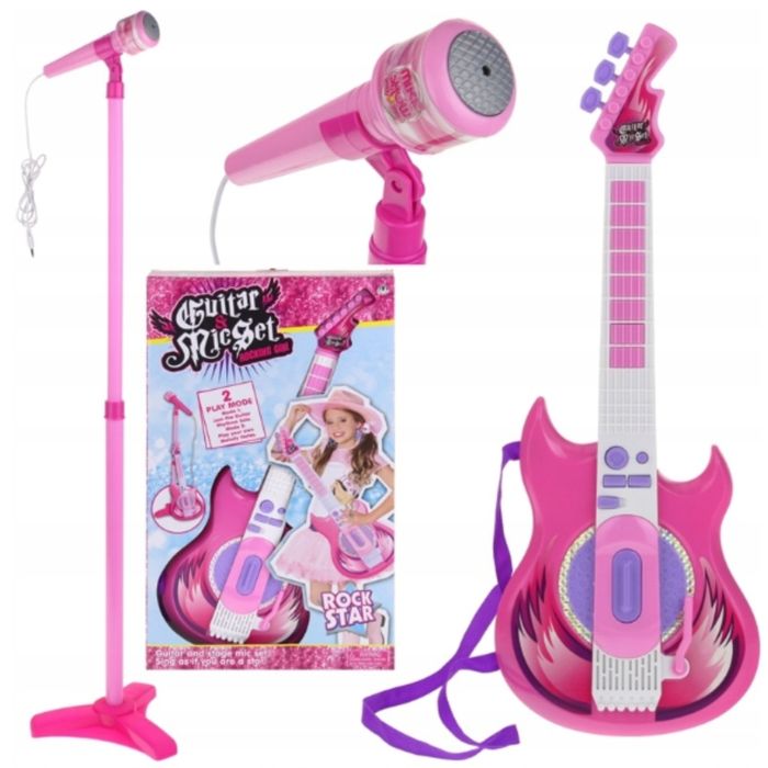 Gitara Elektryczna Z Mikrofonem Dla Dzieci Zestaw Karaoke Różowa