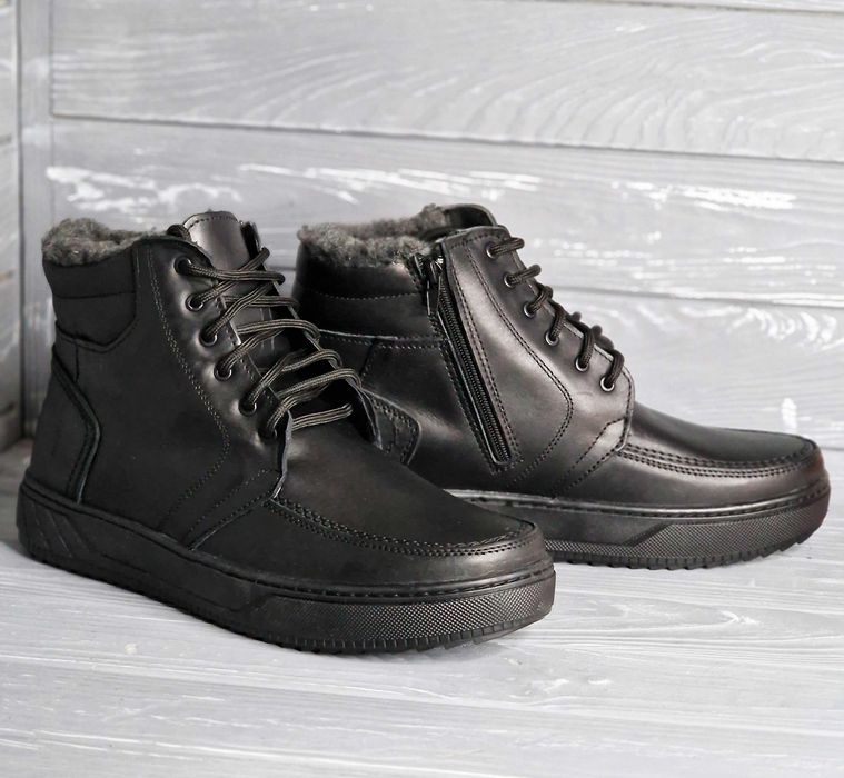 40-47рр! Кожаные мужские зимние прошитые черные ботинки шнурок змейка!