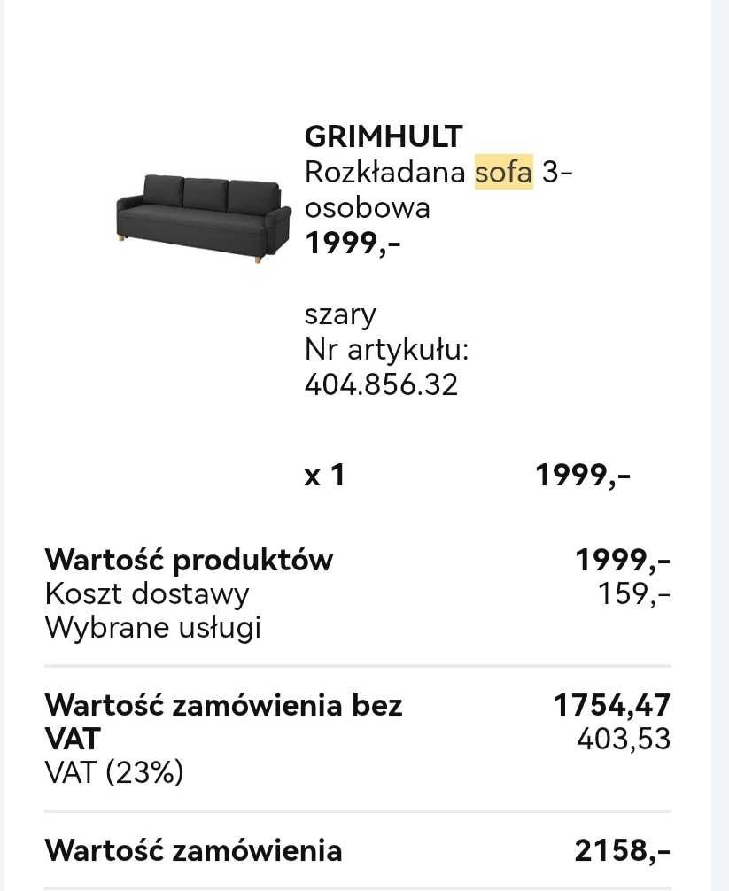 IKEA sofa Grimhult jak nowa -Piaseczno
