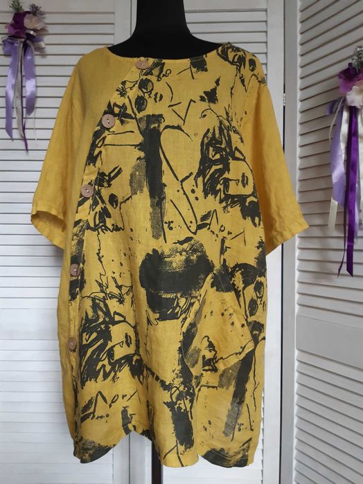 Уникальная блуза лен принт лица большого размера италия new collection