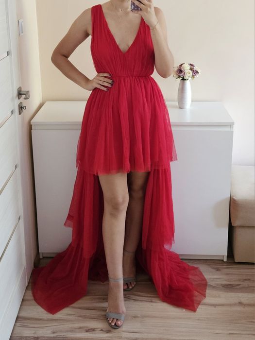 Sukienka maxi asymetryczna lace beads czerwona 36 S tiulowa falbany