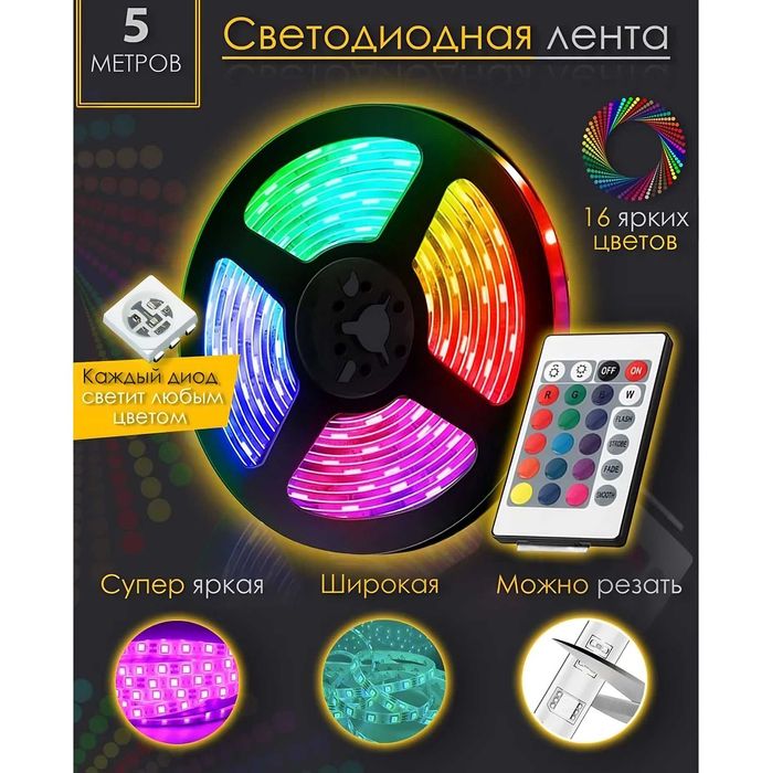 Світлодіодна стрічка SMD 5050 RGB LED 5 м IP65 з пультом та б.ж USB.