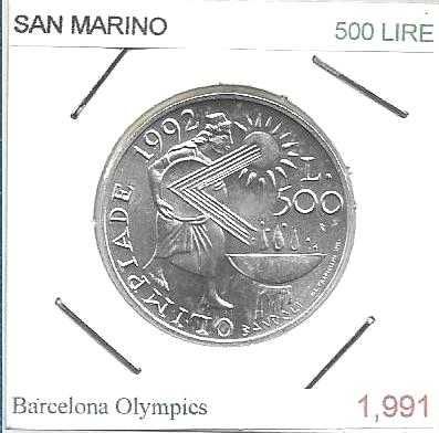 San Marino - - 500 Lire - 1991 - -  Barcelona 1992 - -- Moeda de Prata