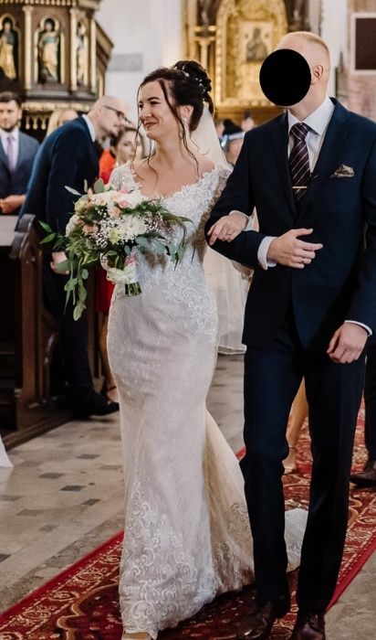 Dwuczęściowa suknia ślubna z rękawem! Koronkowa syrenka ivory.