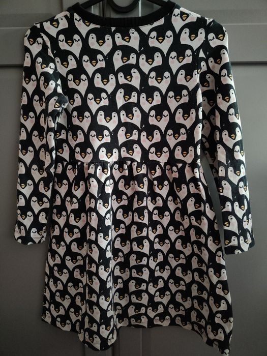 Sukienka Tuszyte pingwiny 134 cm długi rękaw bawełna