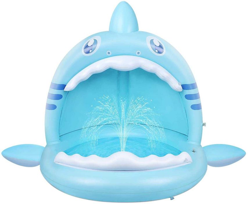 Piscina insuflável para bebés, de tubarão com toldo e pulverizador