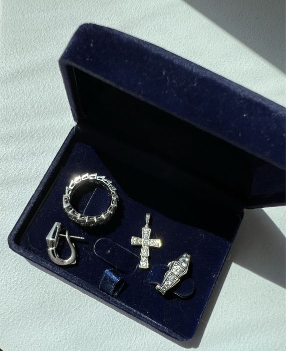 Срібний набір Bvlgari 1:1, сережки, каблучка 17-17,5крестик ланцюг