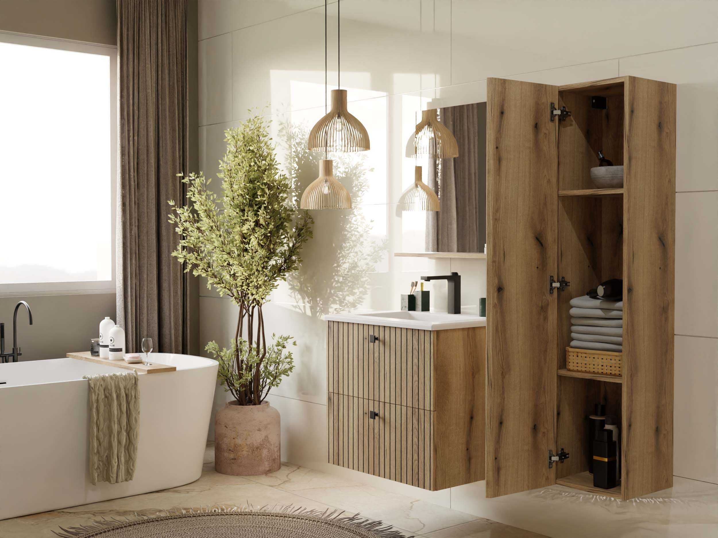 SZAFKA Pod Umywalkę TIGO 60 2S Ryflowany Front + Umywalka DĄB EVOKE