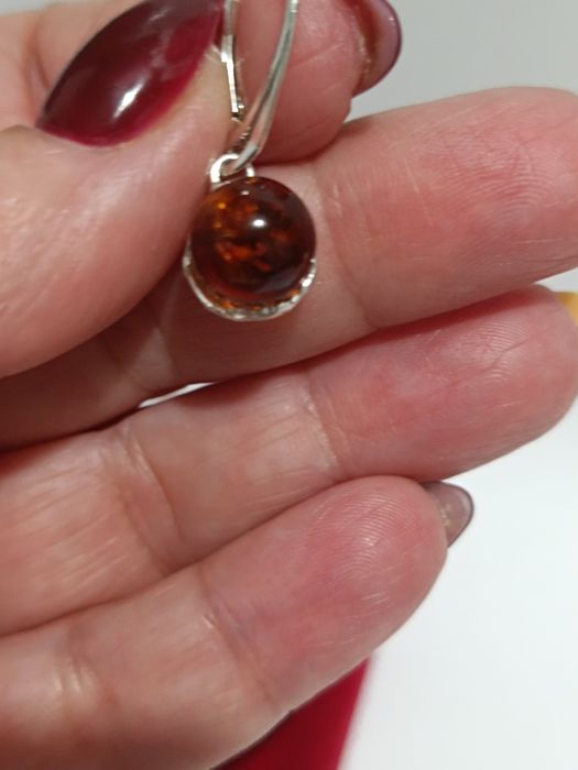 Srebrny komplet kolczyki wisiorek żołędzie z koniakowym bursztynem,925