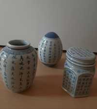 Conjunto 3 jarras e potes chineses azuis
