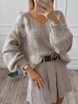 Sweter w kwiaty kwiatki bezowy dekolt serek fango dlugi rekaw s m l