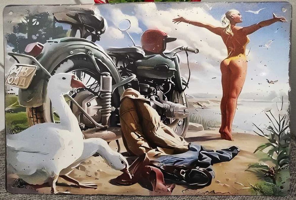 Плакат постер на металле Ретро Мотоцикл Девушка Гараж 20х30 см