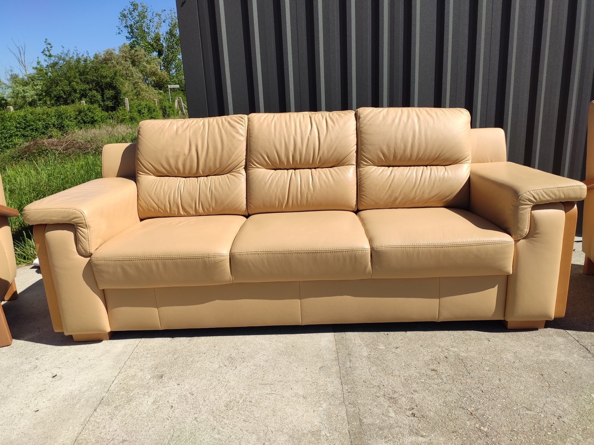 Sofa skórzana 3-osobowa+2 fotele- 100% skóra naturalna i drewno!Okazja