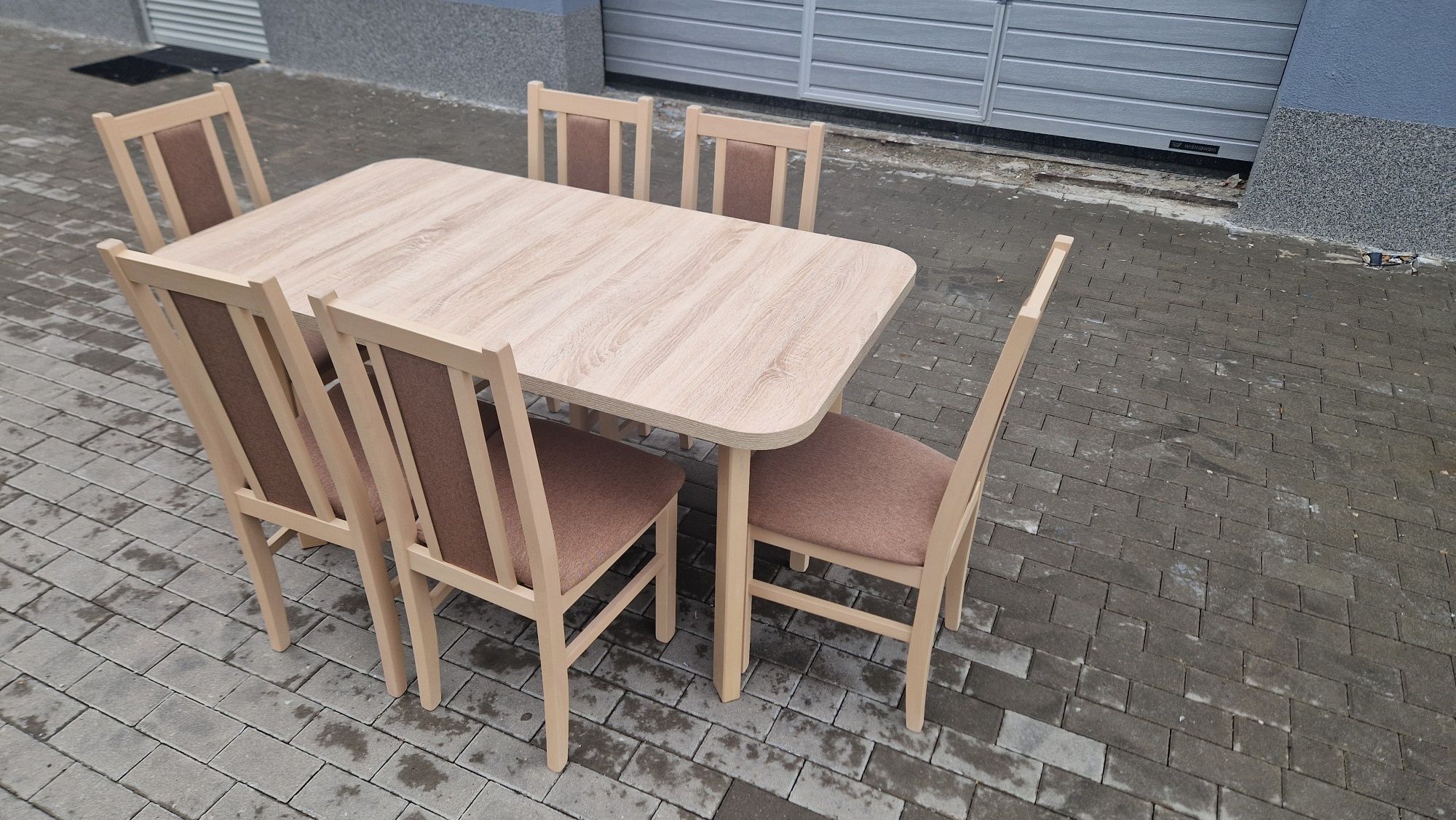 Nowe: Stół rozkładany + 6 krzeseł, SONOMA + JASNY BRĄZ " PROSTE "