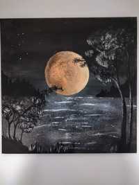 Obraz na płótnie ręcznie malowany "Pełnia księżyca nad jeziorem"