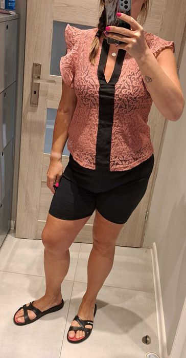 Koszulka bluzka ażurowa koronkowa brudny róż M