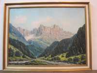 Obraz olejny na płycie, górski pejzaż, Roland Zahn 1949, Wien, 68x88
