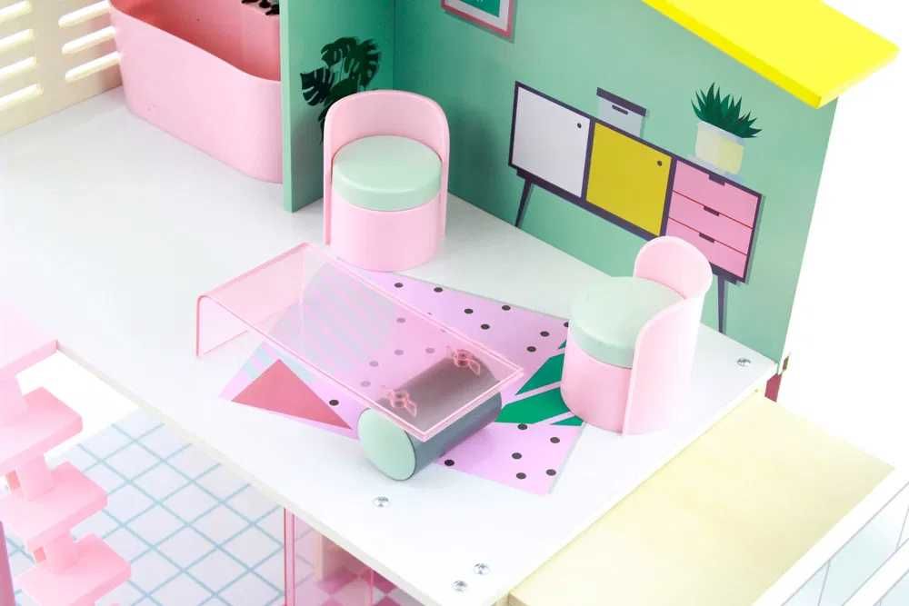 Drewniany domek dla lalek meble schodki taras Stella fashion