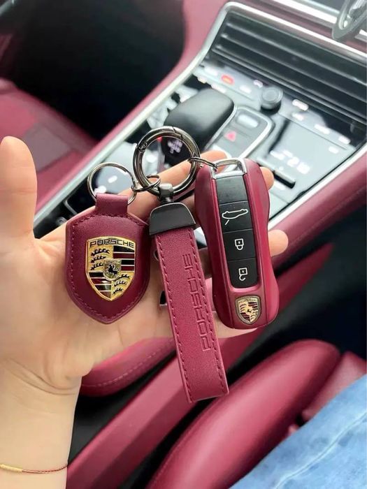 Брендовый чехол для ключей Porsche, бордовый кожаный брелок