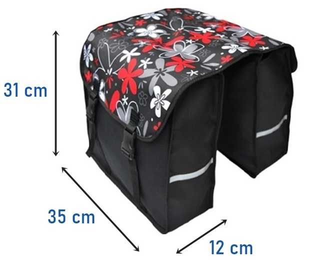 Sakwa na bagażnik, torba rowerowa 2x15L - czerwone kwiaty