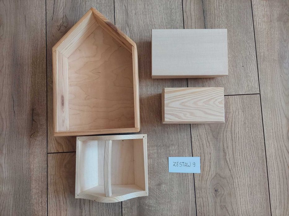 Pudełko drewniane szkatułka domek koszyk decoupage zestaw 9