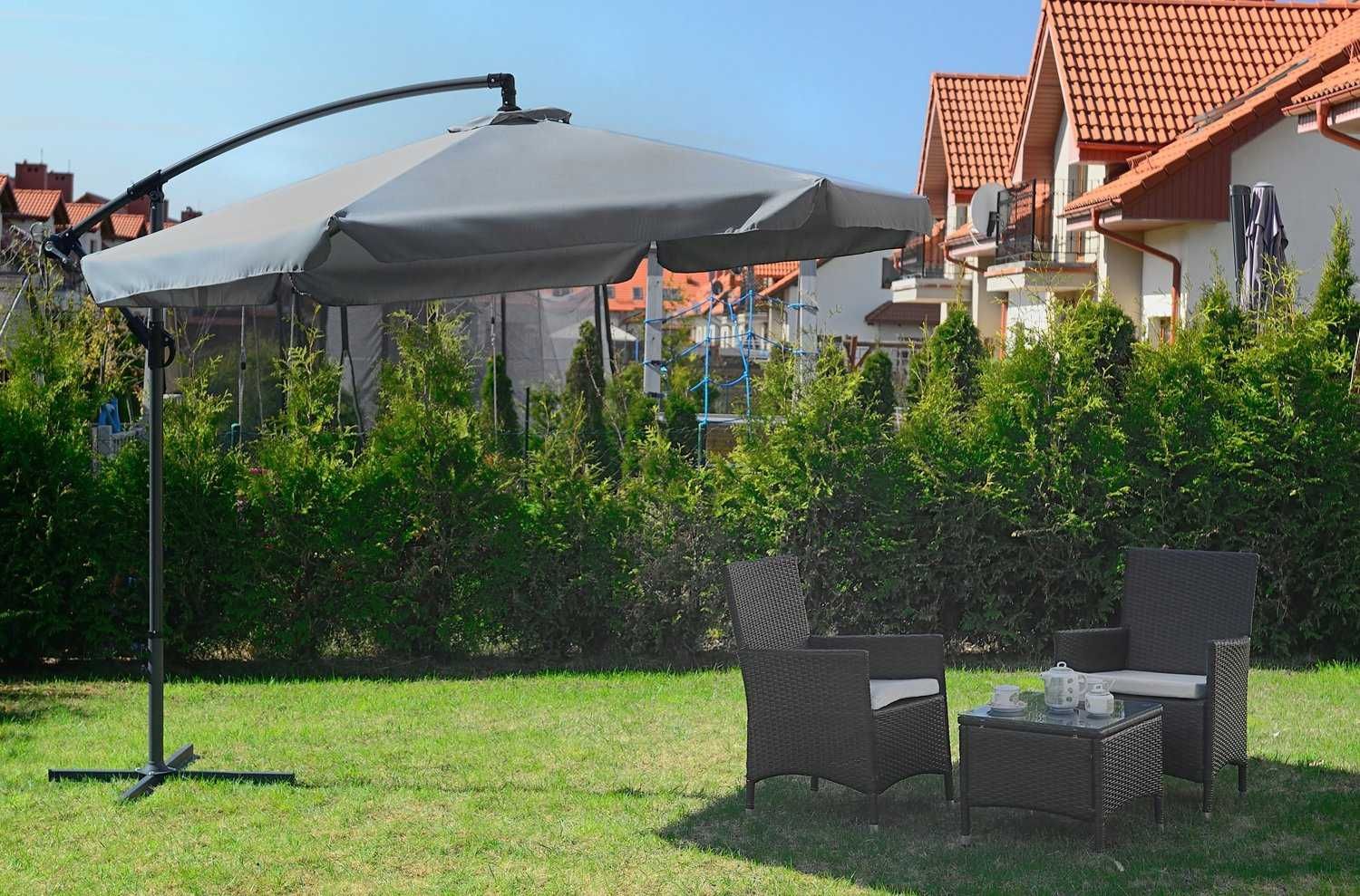 Parasol Ogrodowy Duży Składany Wysięgnik 350cm Szary Falbany Tarasowy