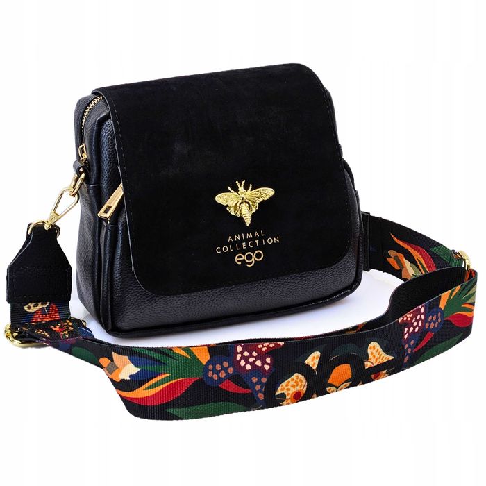 EGO Torebka Damska Listonoszka Na Ramię Czarna Zamsz Pszczółka 2 Paski