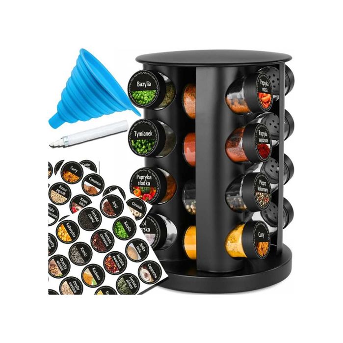 Organizer na przyprawy 16 szklanych słoiczków +144 naklejki lejek