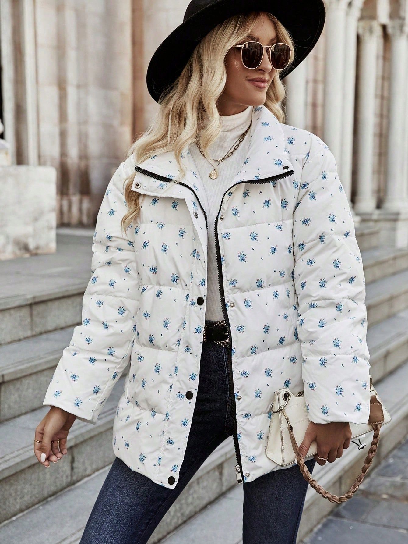 Kurtka Puchowa Zimowa Pikowana W Kwiaty Biała Casual Shein L 40