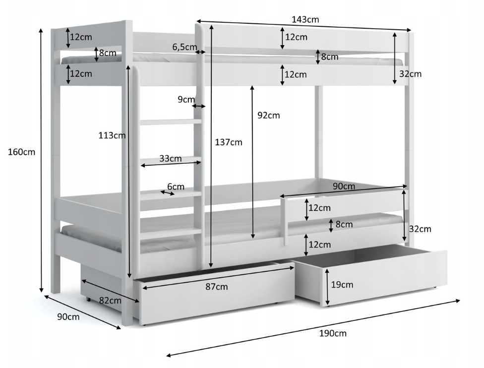 Łóżko piętrowe dla dwójki dzieci ZOSIA 160x80/180x80/190x80 materace