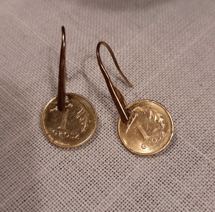Kolczyki zlote monety monetki 1 grosz stal chirurgiczna 1 groszowki