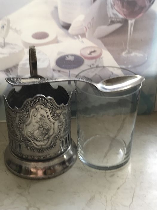 Набор подстаканник космос+ тонкостенный  стакан  + ложка. Мельхиор.