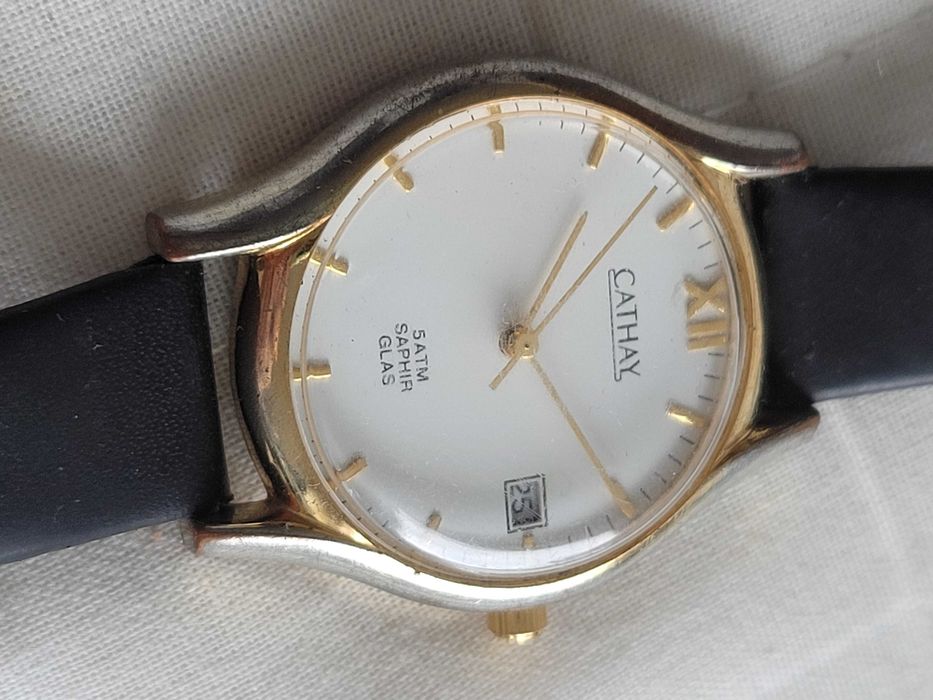 Zegarek Męski/Damski Cathay | Biała Tarcza Złote Rzymskie Cyfry | Data