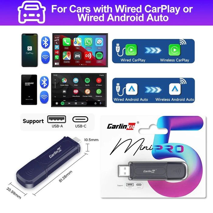 Адаптер CarlinKit Mini PRO - беспроводной Apple CarPlay и Android Auto