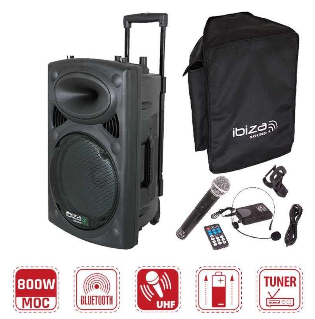 Dwie kolumny Ibiza Port 15" 800W USB, Bluetooth, mikrofony, pokrowce