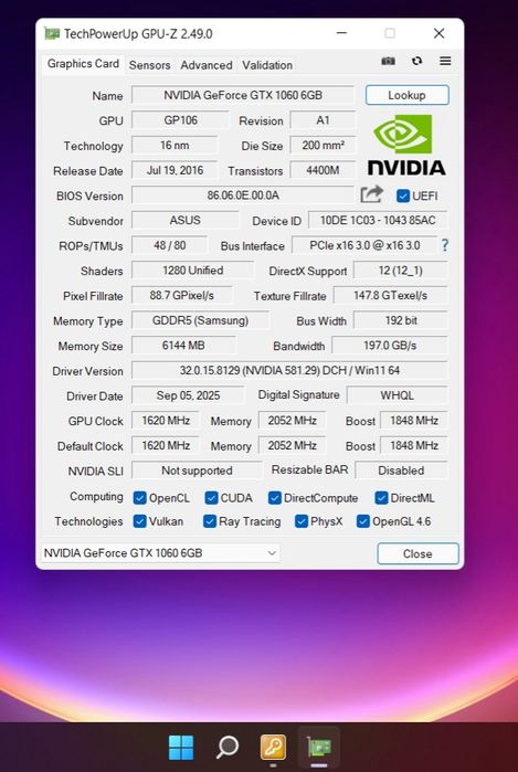 Видеокарта Asus GTX 1060 6GB Rog Strix 192bit GDDR5