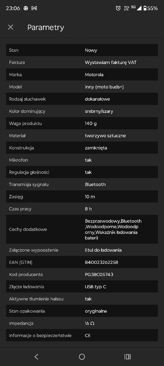 Słuchawki bezprzewodowe Motorola Moto Buds Dokanałowe Bluetooth 5.3 St
